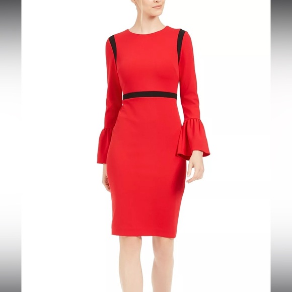 CALVIN KLEIN Color-Blocked Bell-Sleeve Sheath Red Dress Size 10 AUTHENTIC NEW - Picture 1 of 5
